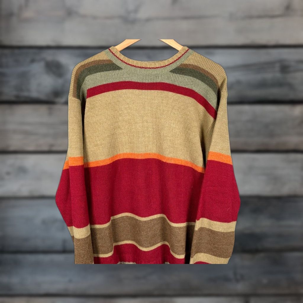 Vintage VINTAGE Y2K Striped Sweater Adult XL Beige Red Chunky-Knit Crewneck Hipster Mens Size US XL / EU 56 / 4 - 1 Thumbnail