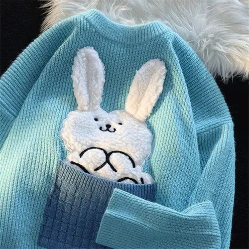 image of Autumn Winter Pullover Casual Rabbit Knitted Sweater Men in Blue (Size Large)