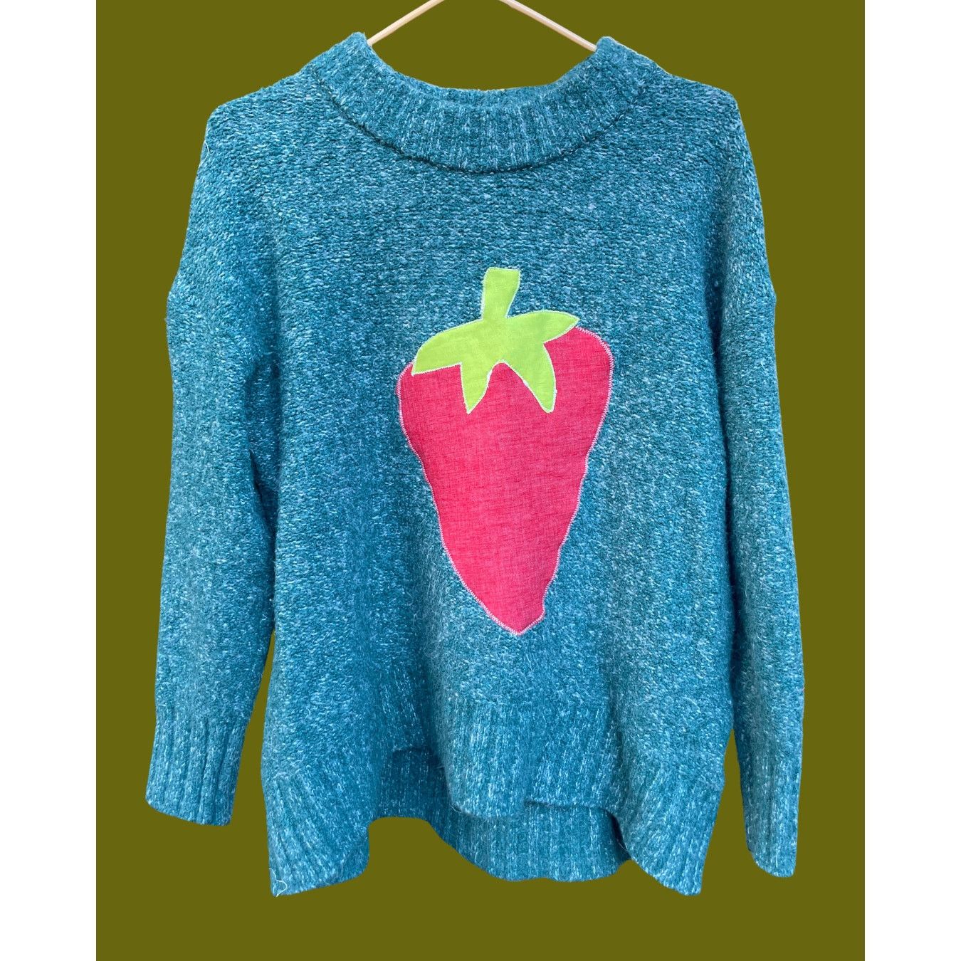 Handmade Small Upcycled Blue Knit Strawberry Applique Sweater Size S / US 4 / IT 40 - 2 Thumbnail