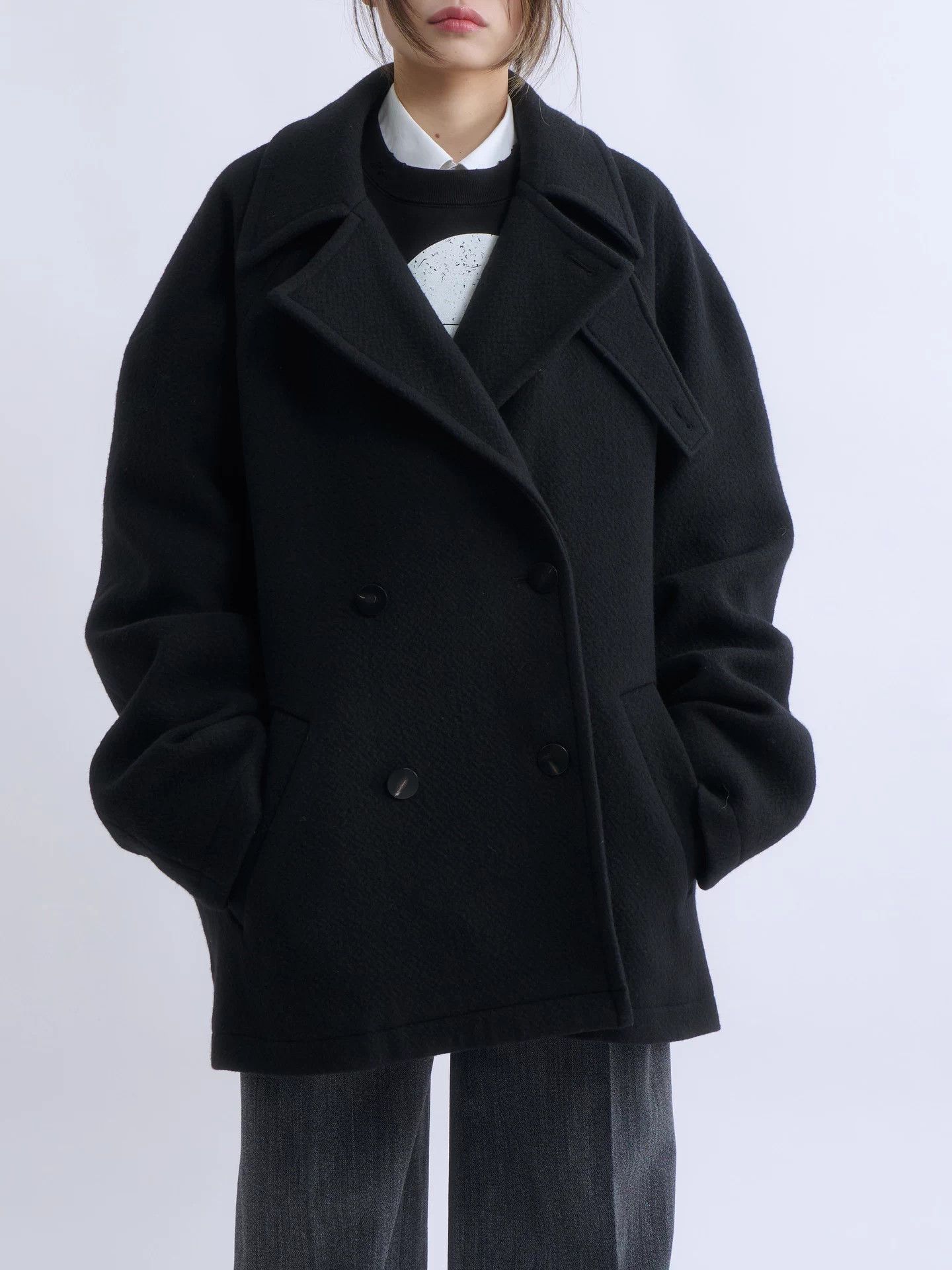 Structure STRUCTURA Oversized Black DB Wool Peacoat Size M / US 6-8 / IT 42-44 - 2 Thumbnail