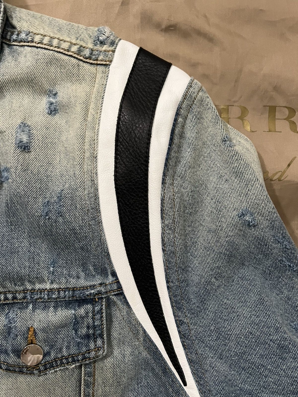 Amiri AMIRI Leather Trimmed Distressed Denim Jacket blue size XXL Size US XXL / EU 58 / 5 - 2 Thumbnail