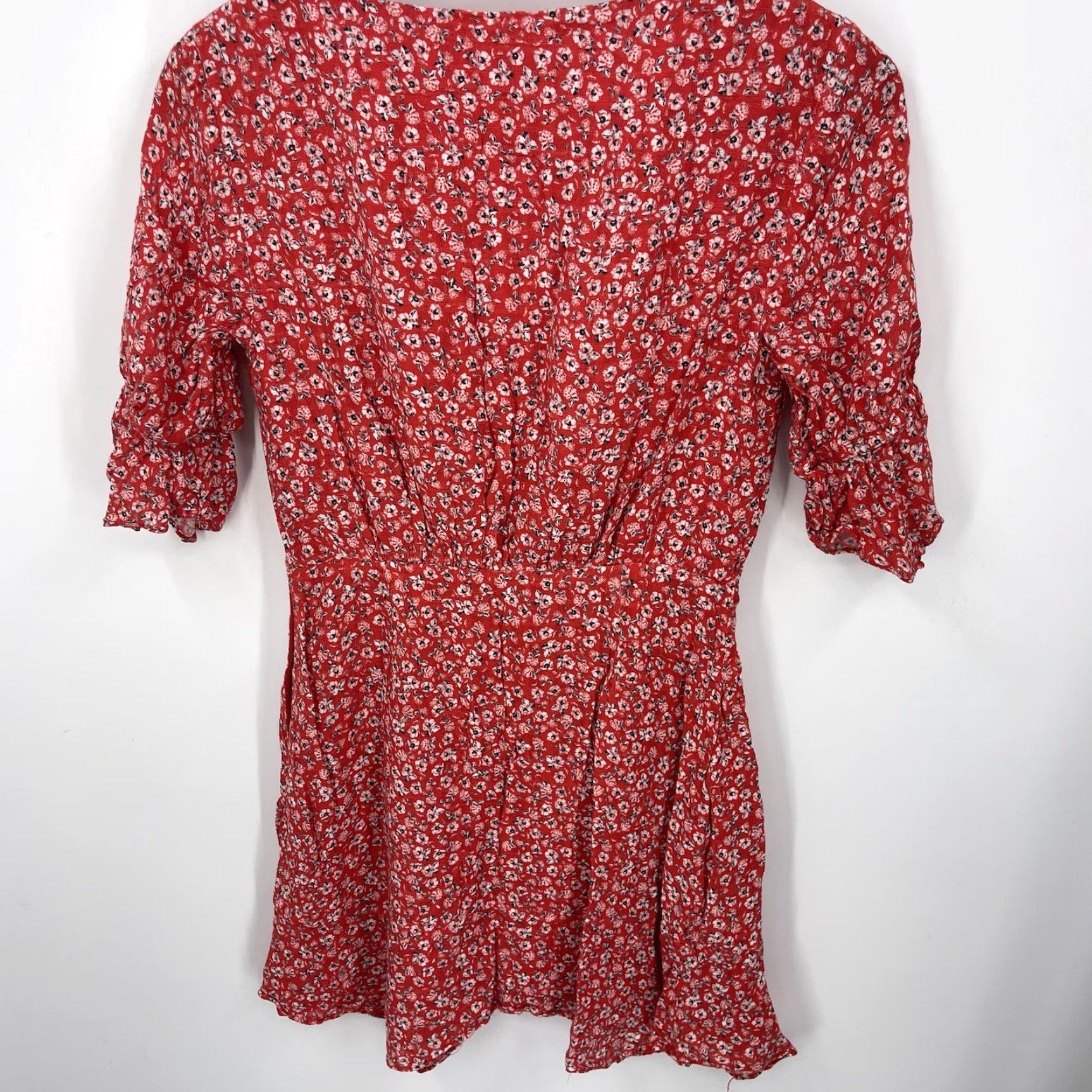 Anthropologie Stevie May Dress Womens XS Faux Wrap Red Floral Boho Mini V-Neck Short Sleeve Casual 90s Bohemian Womens Size XS / US 0-2 / IT 36-38 - 4 Thumbnail