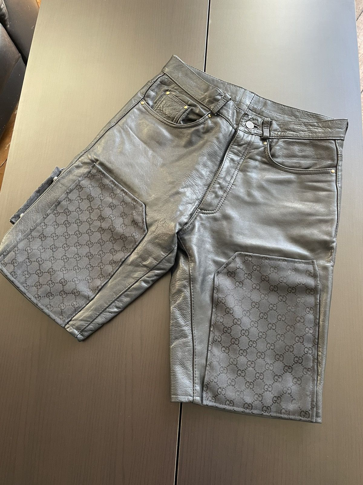 Custom Gucci Custom Gucci double knee leather shorts monogram Grailed