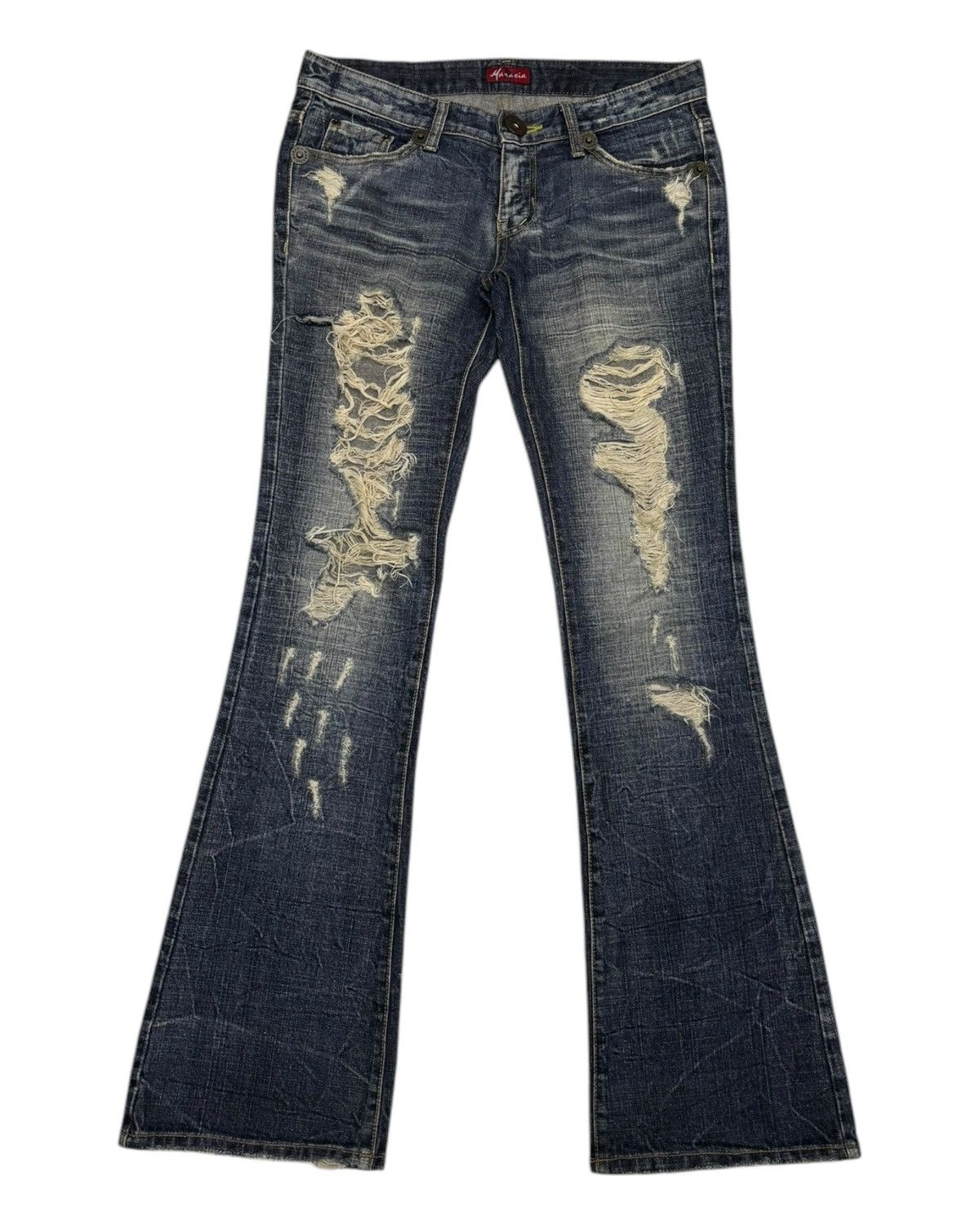 Hysteric Glamour × Japanese Brand HYSTERIC GLAMOUR STYLE DISTRESS DENIM MARAXIA FLARED PANTS Size 31" - 7 Thumbnail
