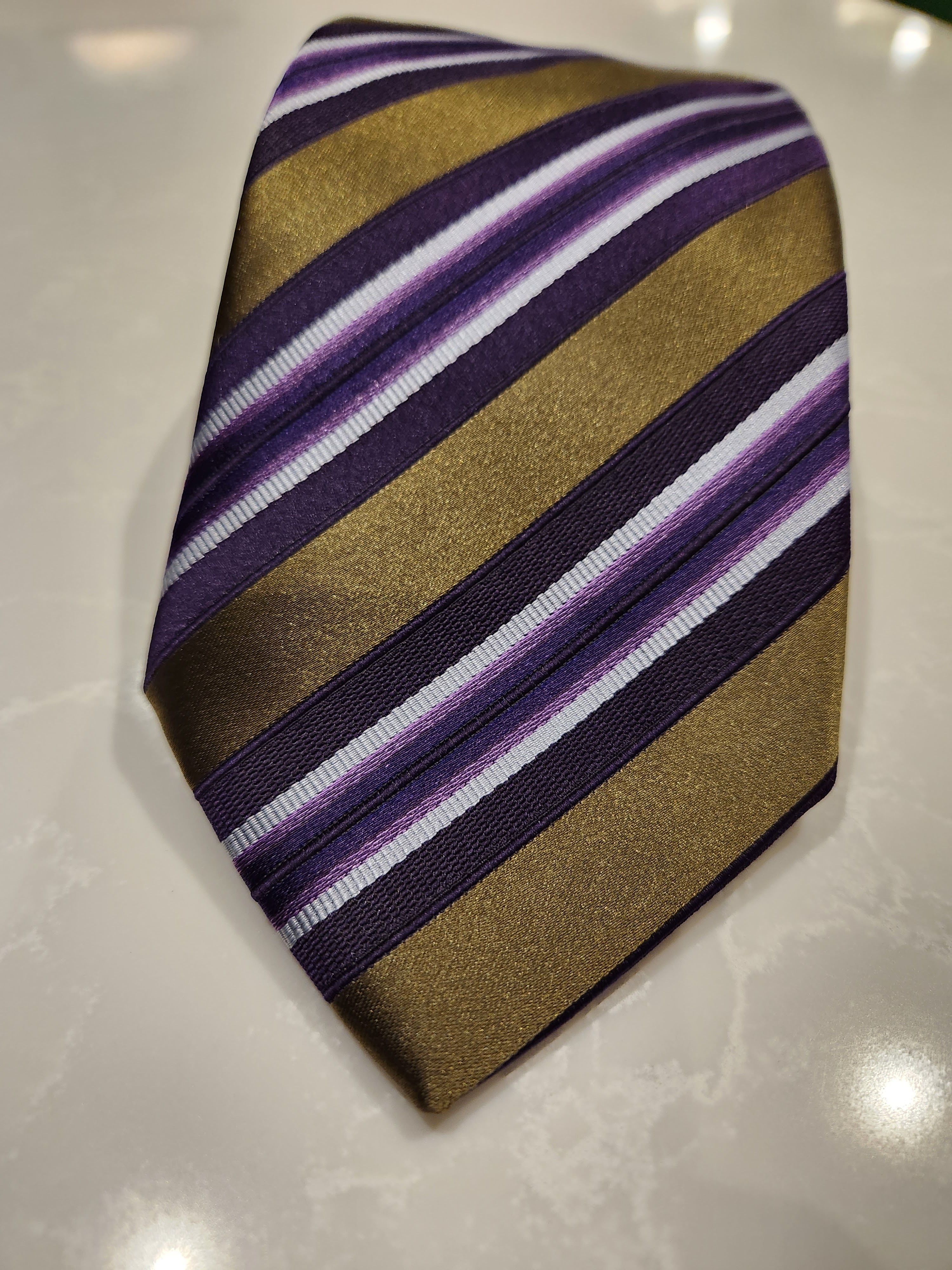 Ermenegildo Zegna Gold Purple White Stripe Neck Tie Silk Cotton Blend Size ONE SIZE - 2 Thumbnail