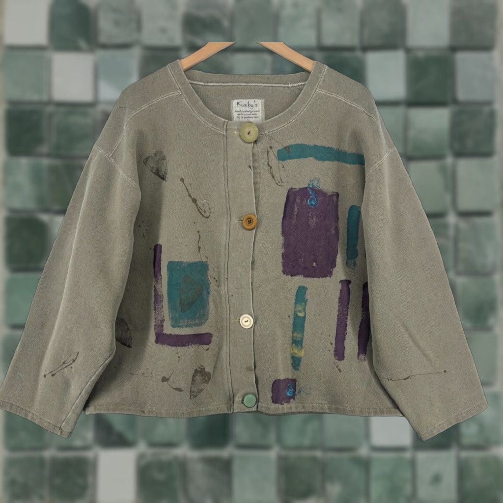 KUNKY'S Sweater Womens 2 Hand Painted Hearts Artsy Cardigan Button Front Gray