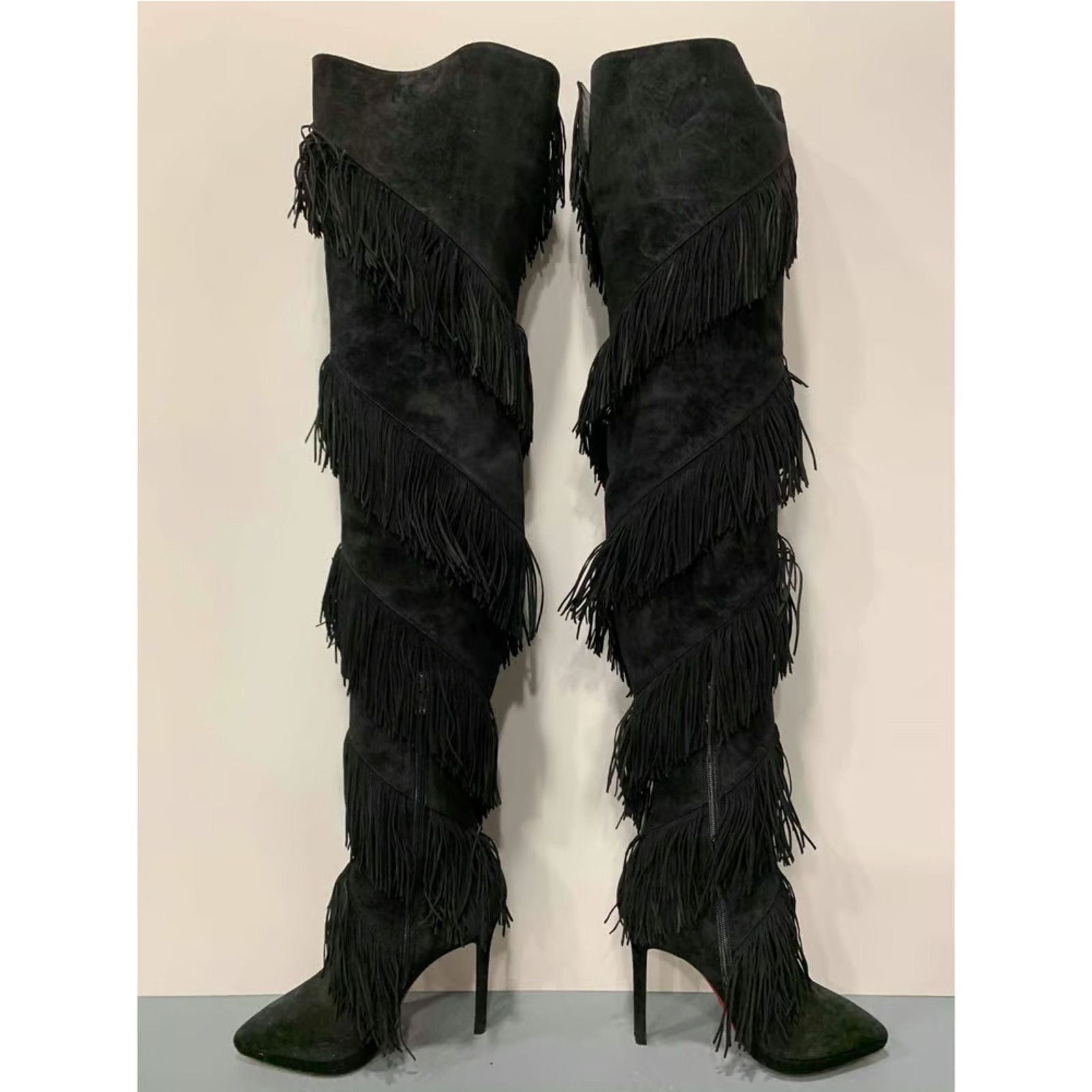 Christian Louboutin Christian Louboutin Bolcheva 120 Black Fringe Thigh High OTK Size US 6.5 / IT 36.5 - 9 Thumbnail