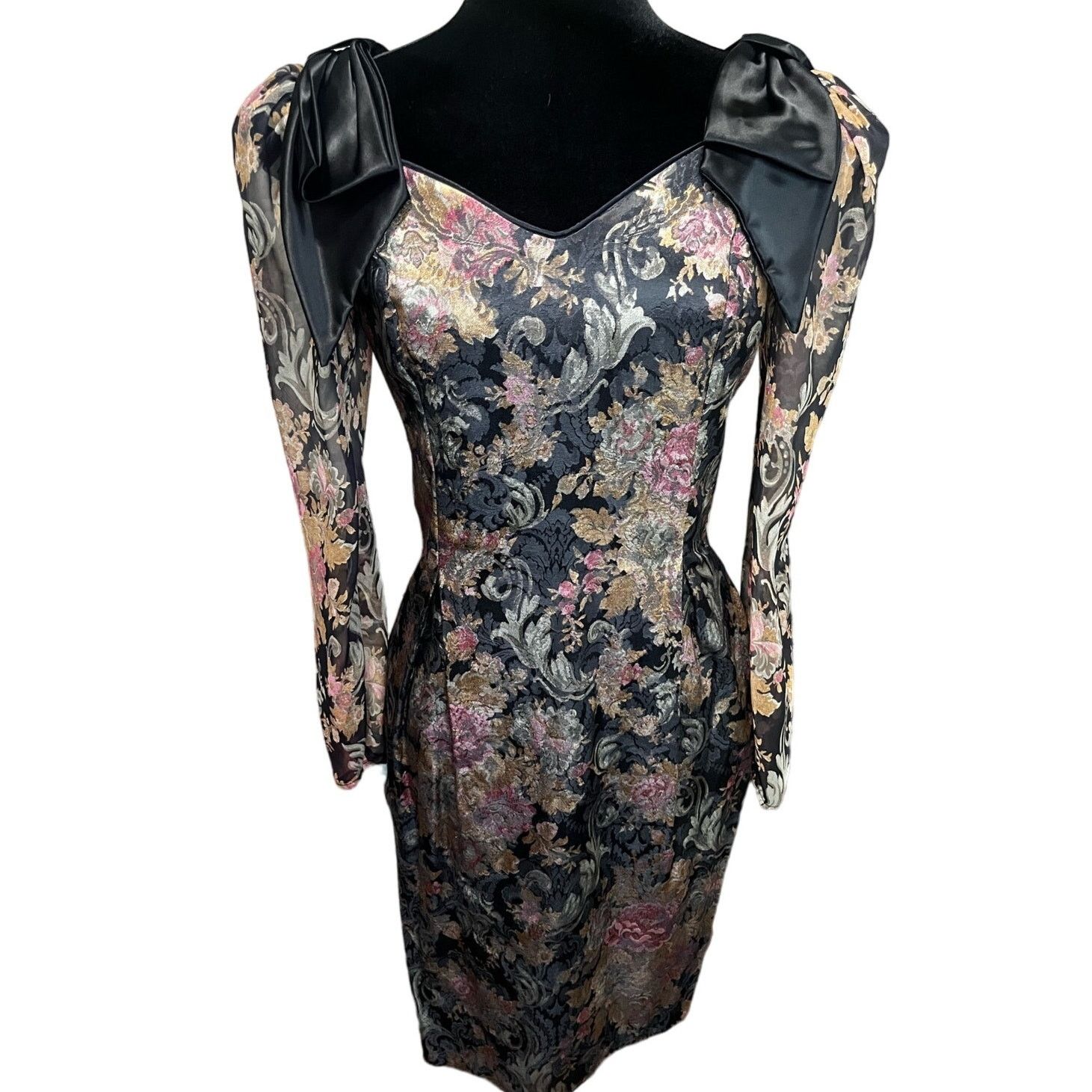 Vintage Vintage 80s Midnight Glo Black Bow Floral Mini Dress Small 8 Size S / US 4 / IT 40 - 1 Thumbnail
