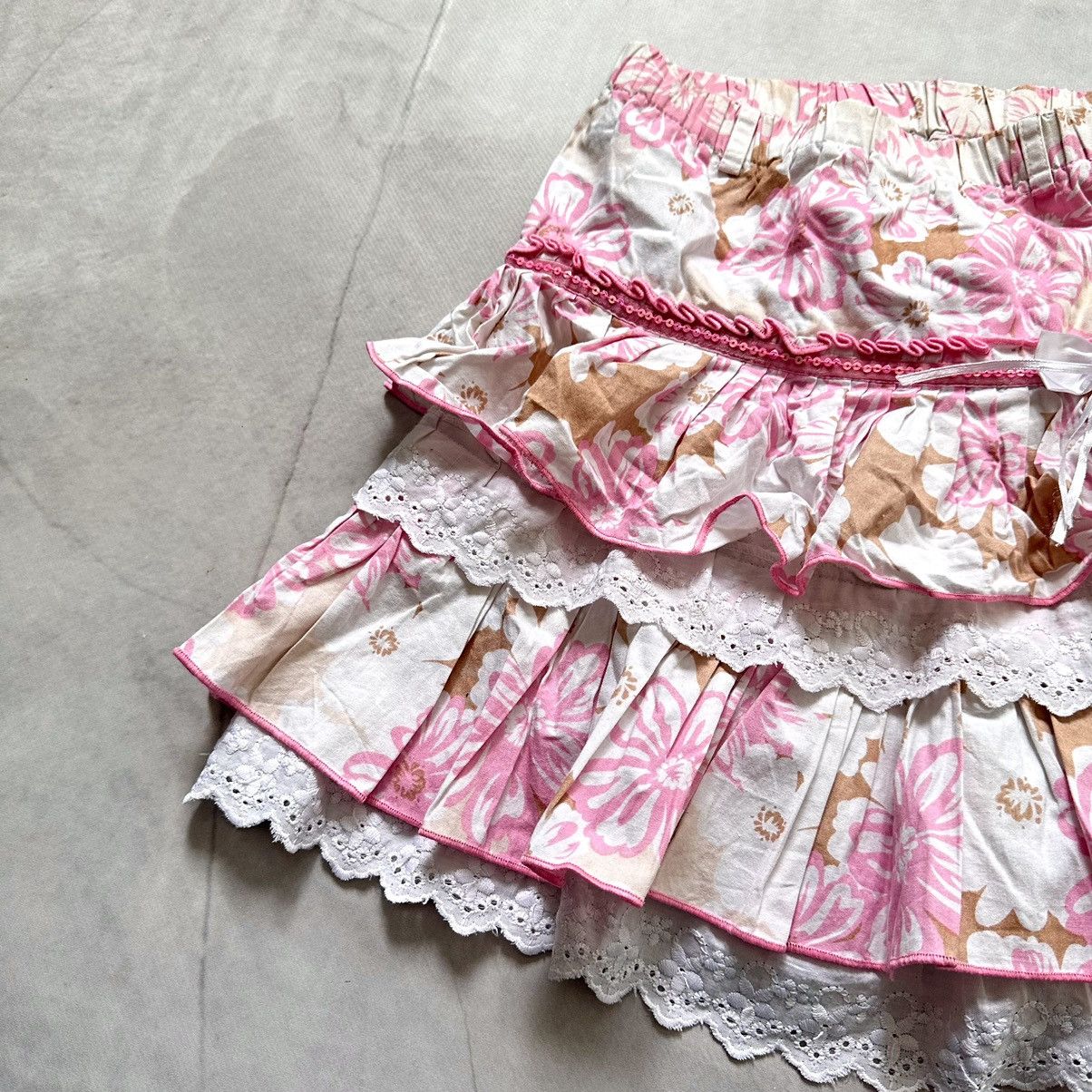Cop Copine × Ed Hardy × Miss Sixty Sexy Floral Ruffle Skirt Y2K Vintage Cute Bow Lace Trim Size 24" / US 00 / IT 34 - 3 Thumbnail