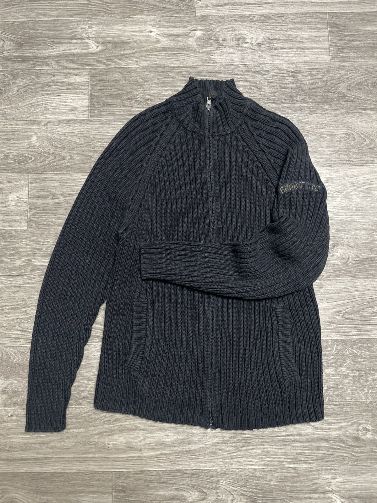 Schott Vintage Schott NYC Black Ribbed Knit Full Zip Sweater USA Size US XL / EU 56 / 4 - 1 Thumbnail