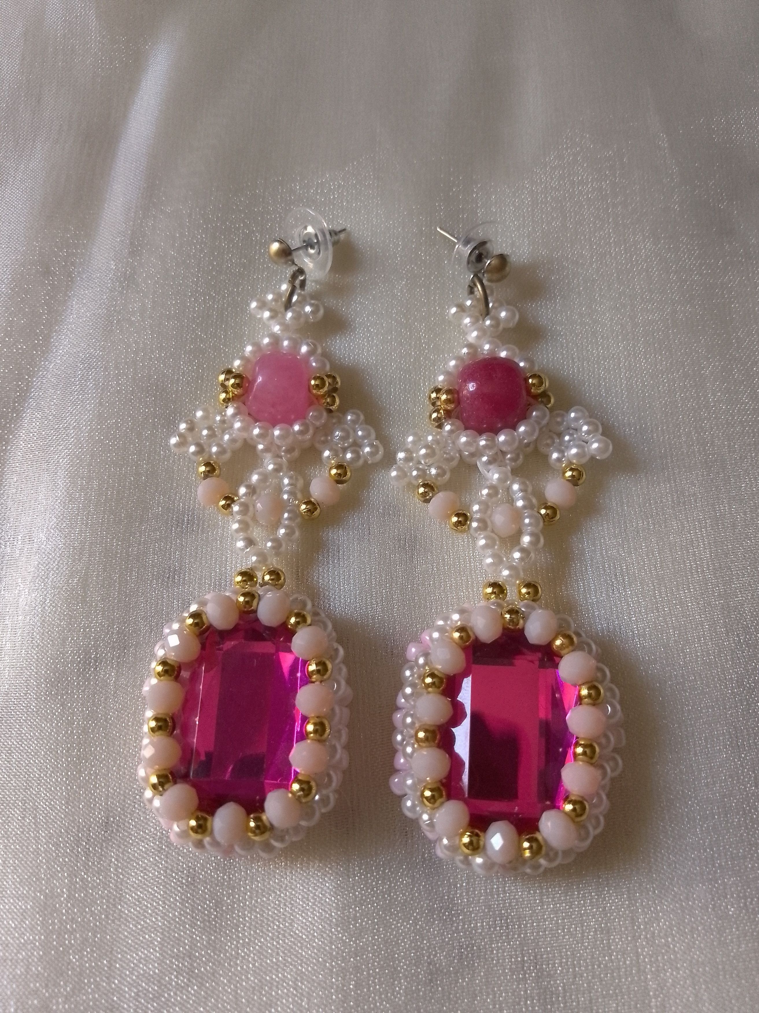 Handmade Vintage style earrings zirconia natural pink jade gemstones Size ONE SIZE - 2 Thumbnail