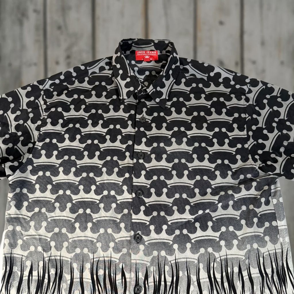 JNCO VINTAGE JNCO Shirt Mens Large Gray Skull Flames Crown Tribal Button Up Jeans Y2K Size US L / EU 52-54 / 3 - 1 Thumbnail