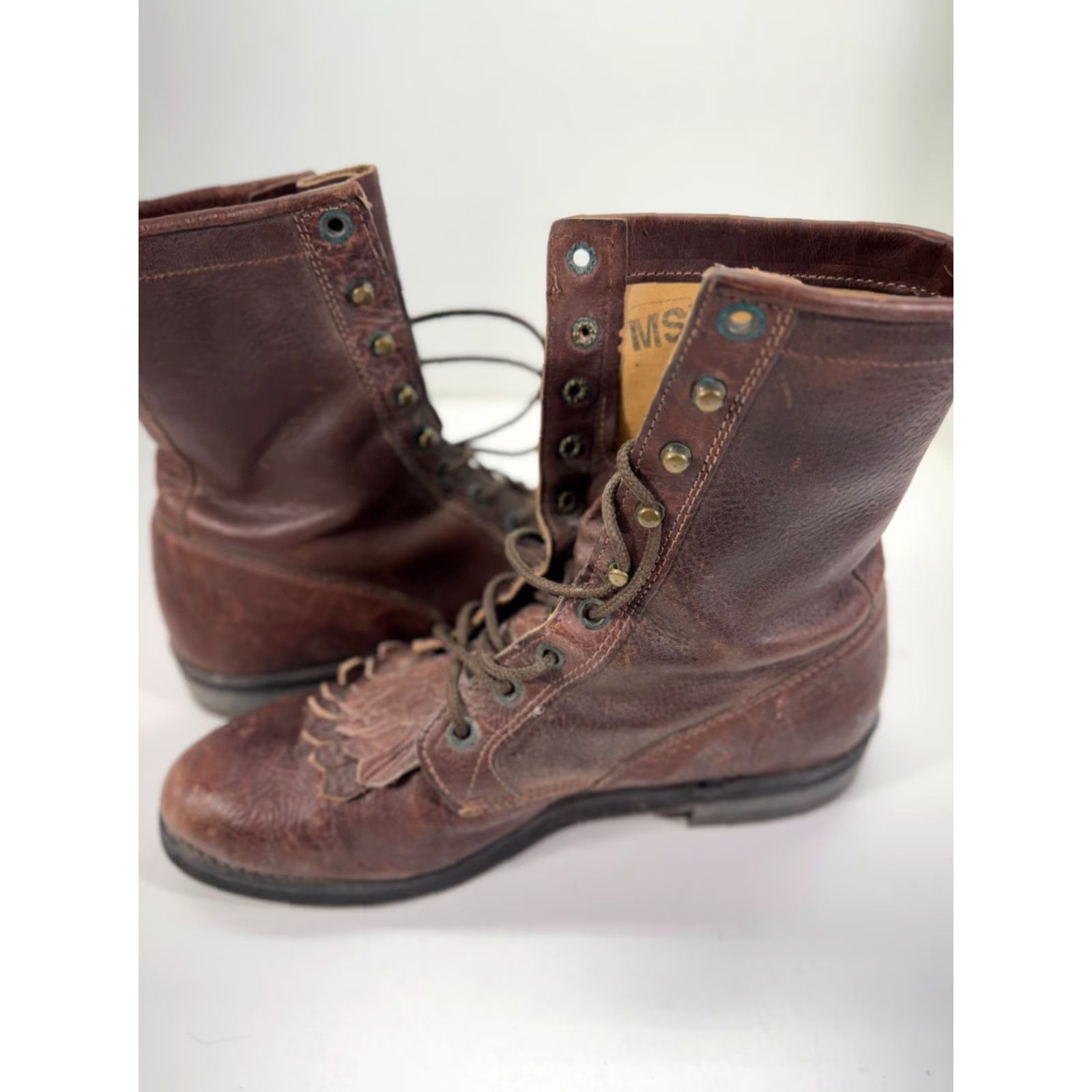 Vintage Boulet Western Boots Mens 9 Brown Leather Lace-Up Cowboy Almond Toe Mid-Calf Shaft Style Western Theme Cowboy, Workwear, Comfort, Casual Men Boots Size US 9 / EU 42 - 5 Thumbnail