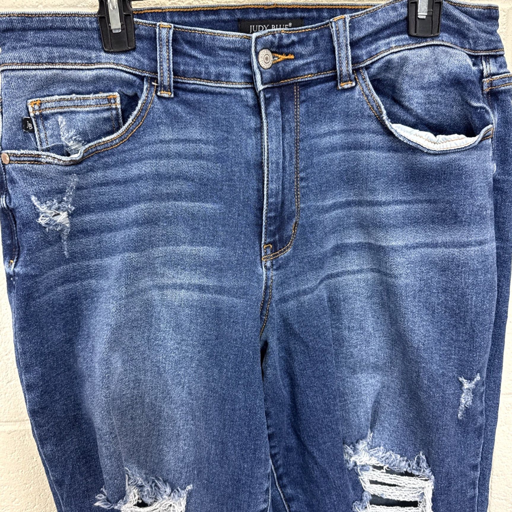 Vintage Judy Blue Jeans 16W 5-Pocket Distressed Wide Leg High Rise Medium Wash Denim Stretch Classic Blue Women Adults Jeans Size 38" / US 16 / IT 52 - 4 Thumbnail
