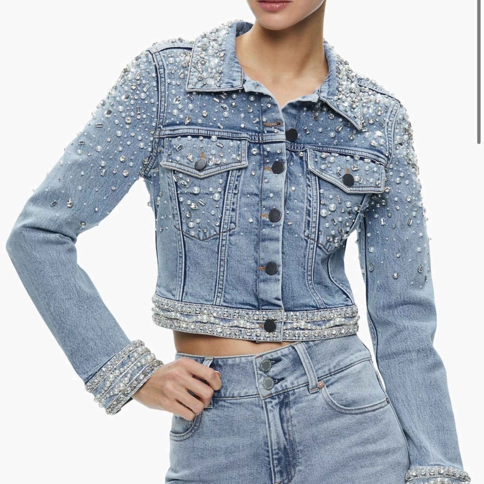 Alice + Olivia NWOT! Alice + Olivia Nelson Embellished Denim Jacket Size XS Size XS / US 0-2 / IT 36-38 - 1 Thumbnail