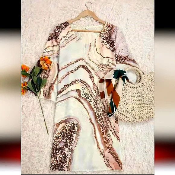 Vacation Marble Print V-Neck Coverup Beach Gift Party Spring Summer Size S / US 4 / IT 40 - 2 Thumbnail