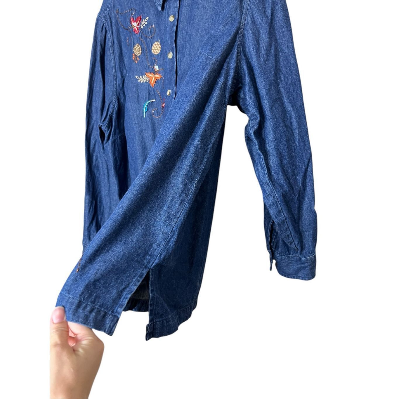 Other Vintage Liz & Me Fall Autumn Embroidered Leaves Denim Button Down Shirt Size 2X Size 3XL / US 20-22 - 6 Thumbnail