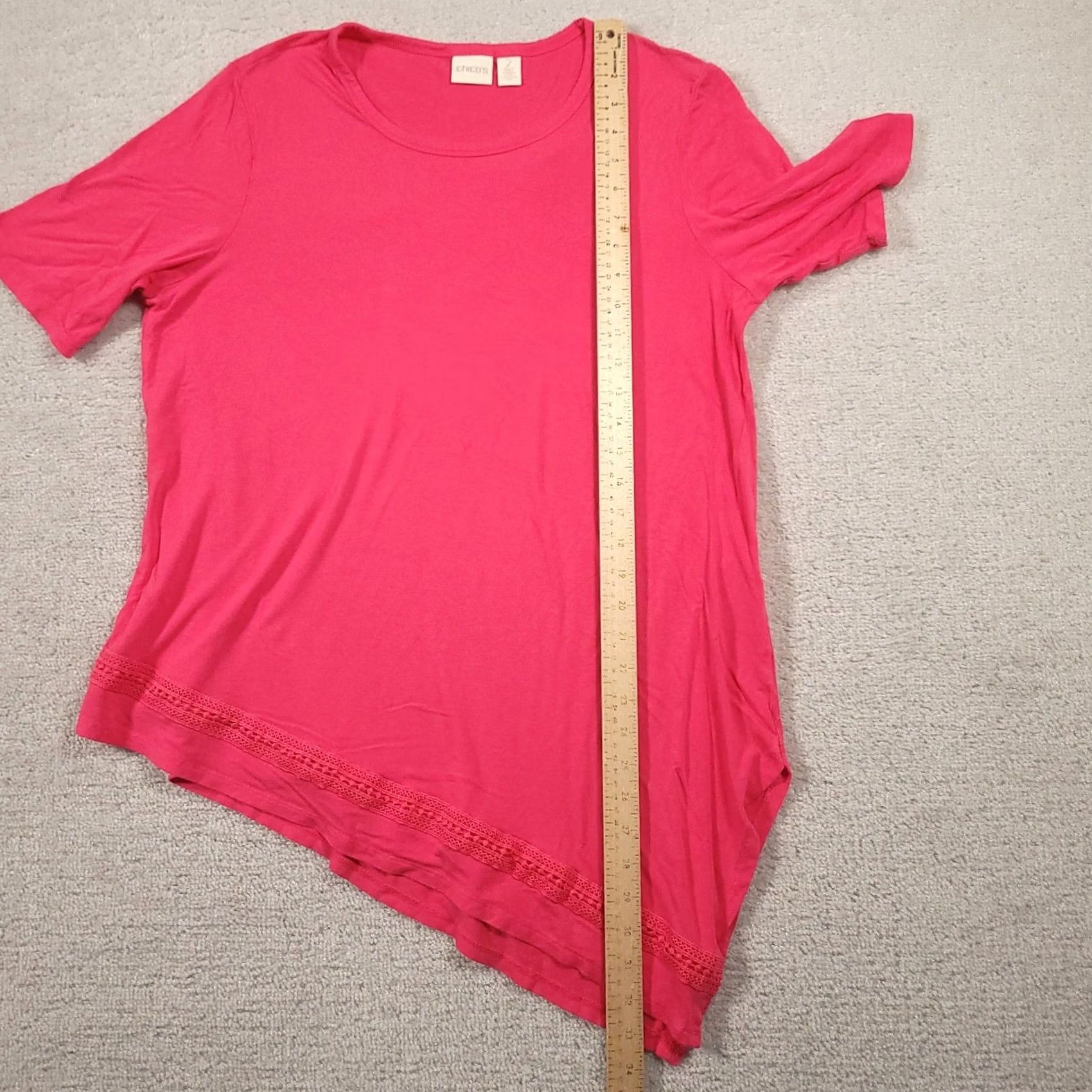 Vintage Chicos 2 Knit Top Pink Asymmetrical Hem Knit Lace Trim Short Sleeve Large Blouse Shirt Womens Vintage No Size L / US 10 / IT 46 - 5 Thumbnail