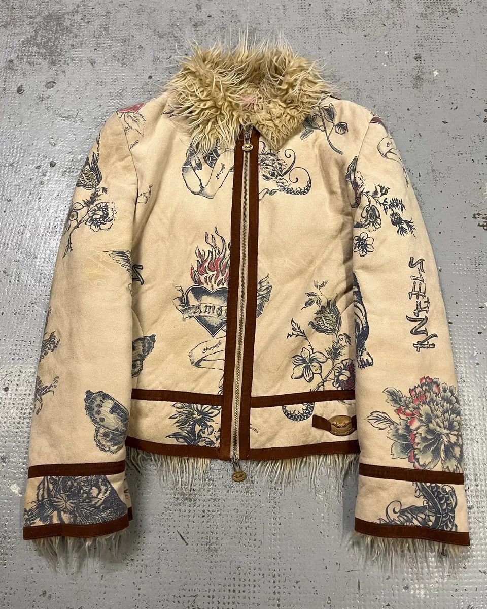 Roberto Cavalli AW2003 Roberto Cavalli Beige Tattoo Hearth Fur-Collar Jacket Size M / US 6-8 / IT 42-44 - 1 Thumbnail