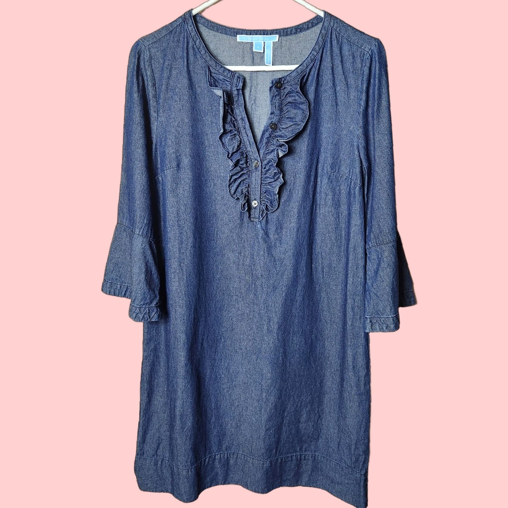 VINTAGE Draper James Chambray Ruffle Shift Dress Women Size Blue