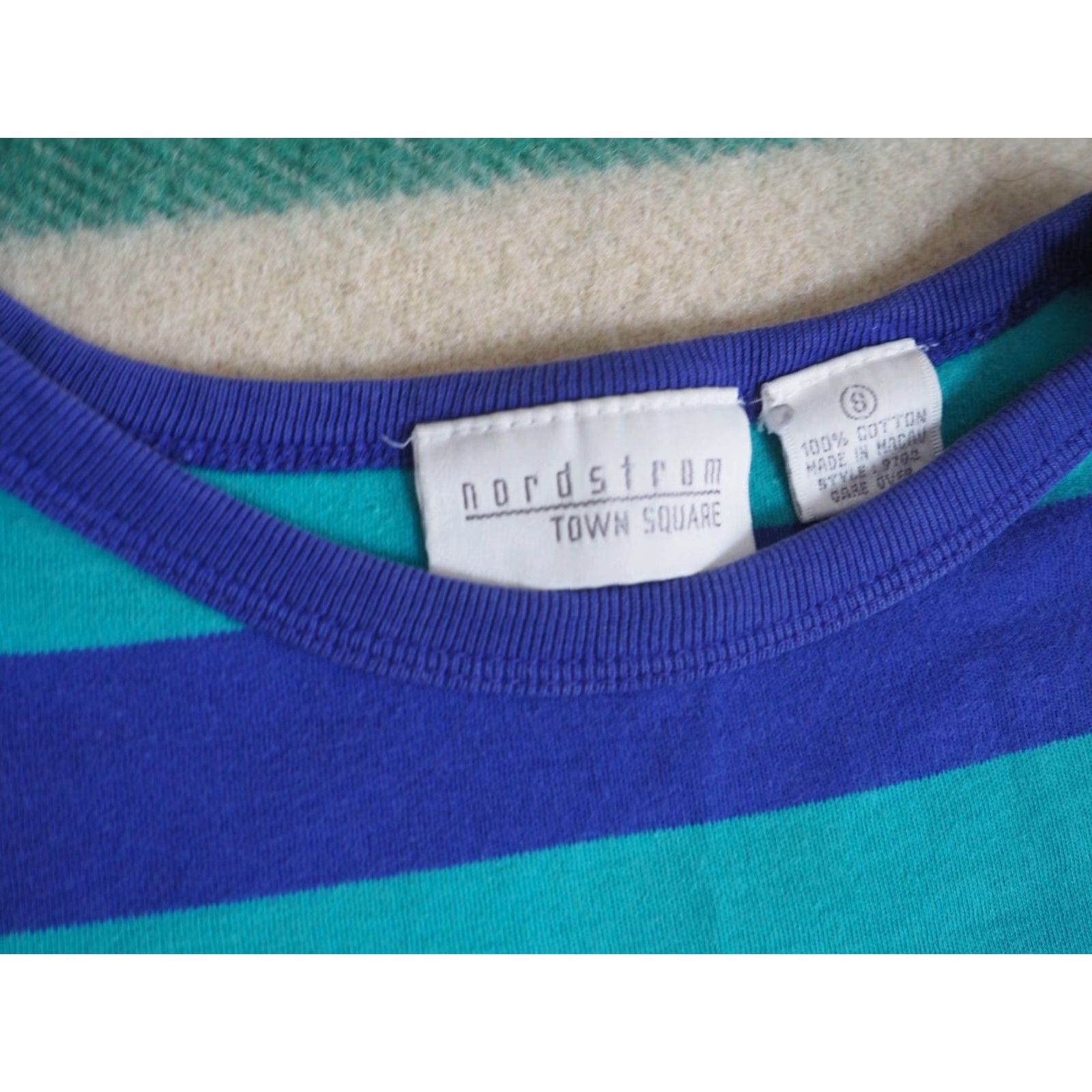 Nordstrom VTG 80s Nordstrom Teal Purple Striped Essential Pocket Crop Boxy Tee T-Shirt S Shirt Unisex Cotton Short Sleeve 1980s Size US S / EU 44-46 / 1 - 4 Thumbnail
