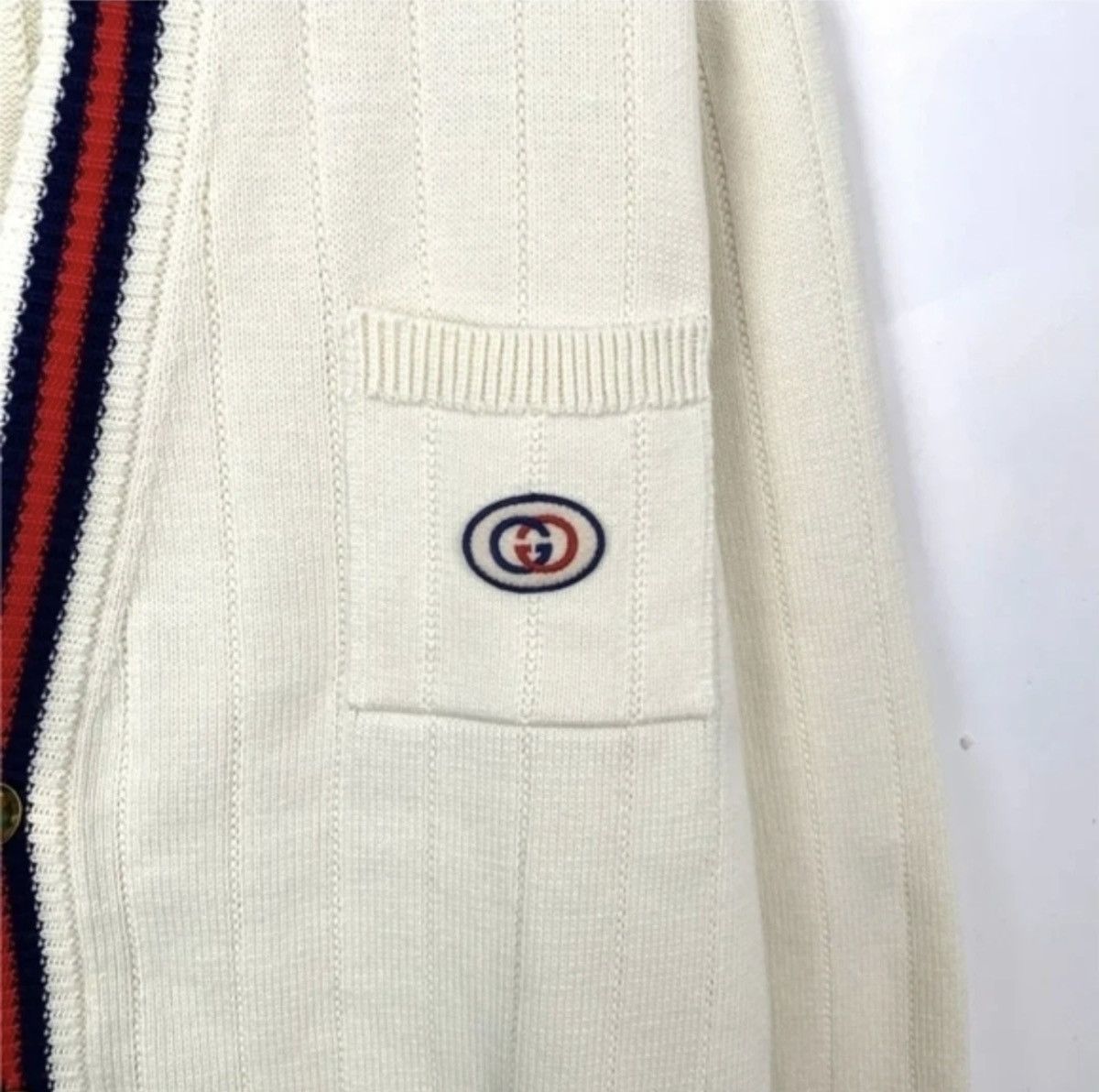Gucci Gucci Men's Ivory Cable-Knit Cardigan XXL Stripe Trim Logo Size US XXL / EU 58 / 5 - 9 Thumbnail