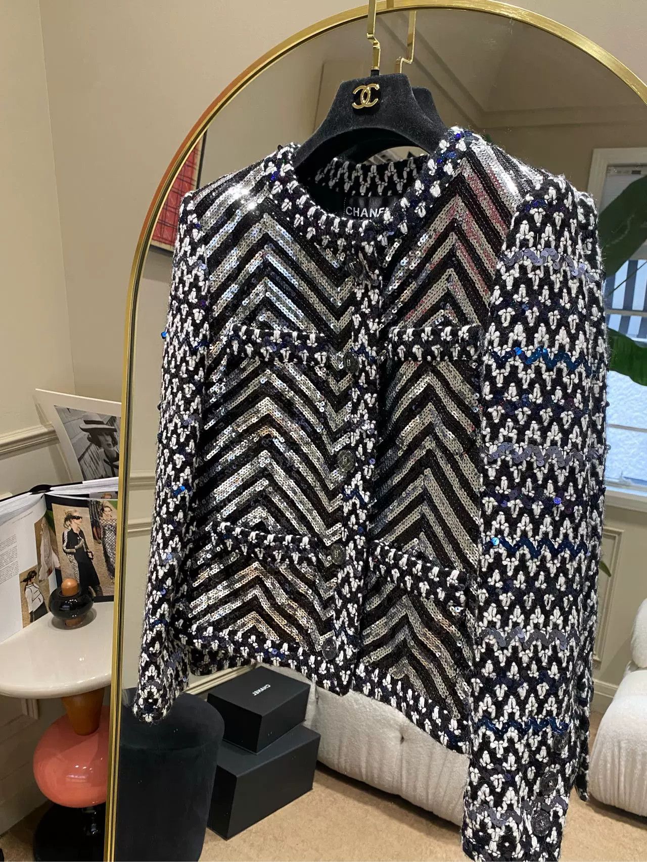 Chanel 21k Silver Black Sequin Jacket