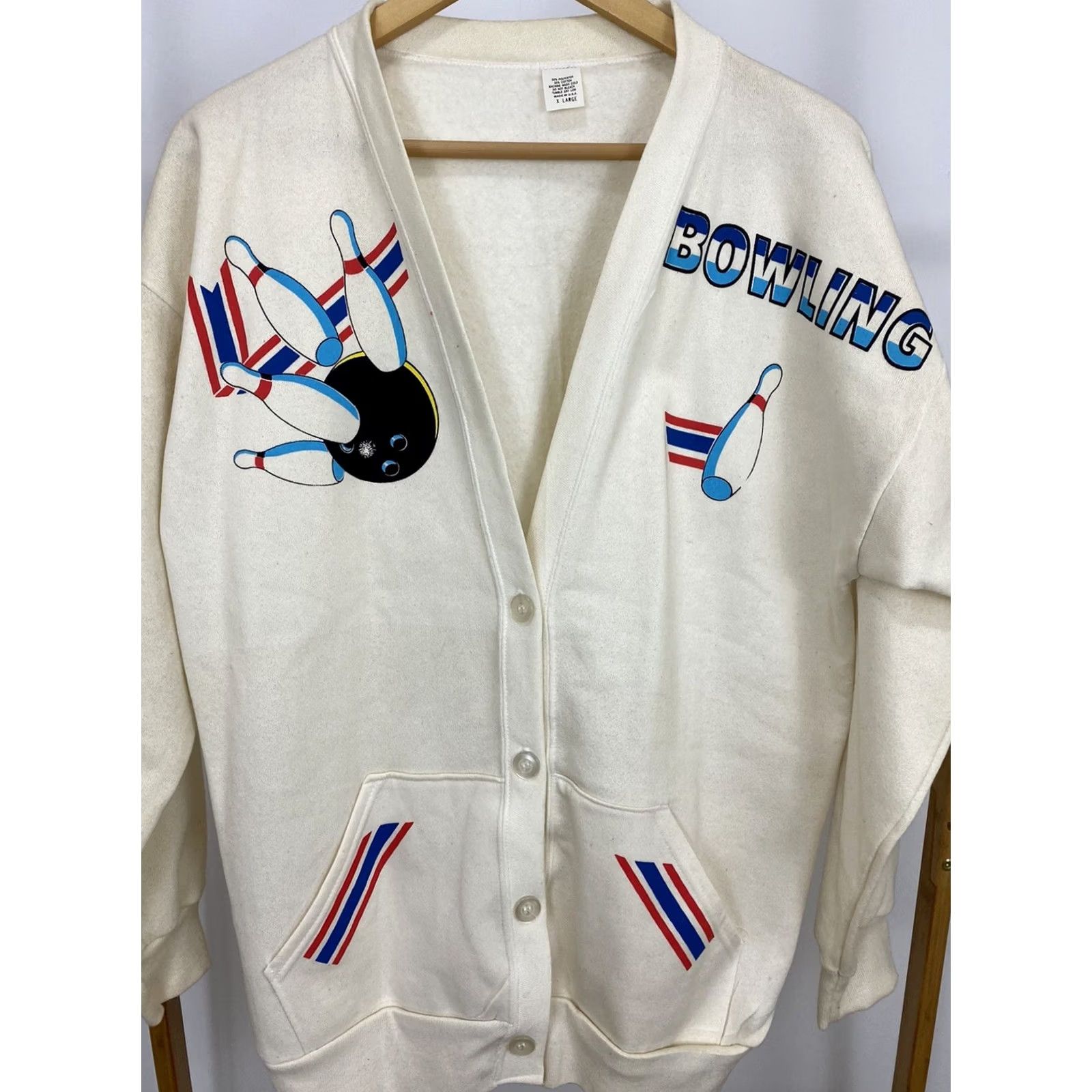 Vintage VINTAGE 80s Bowling Themed Strike Spare Pocket Cardigan Sweater XL Cream USA Mens Size US XL / EU 56 / 4 - 3 Thumbnail