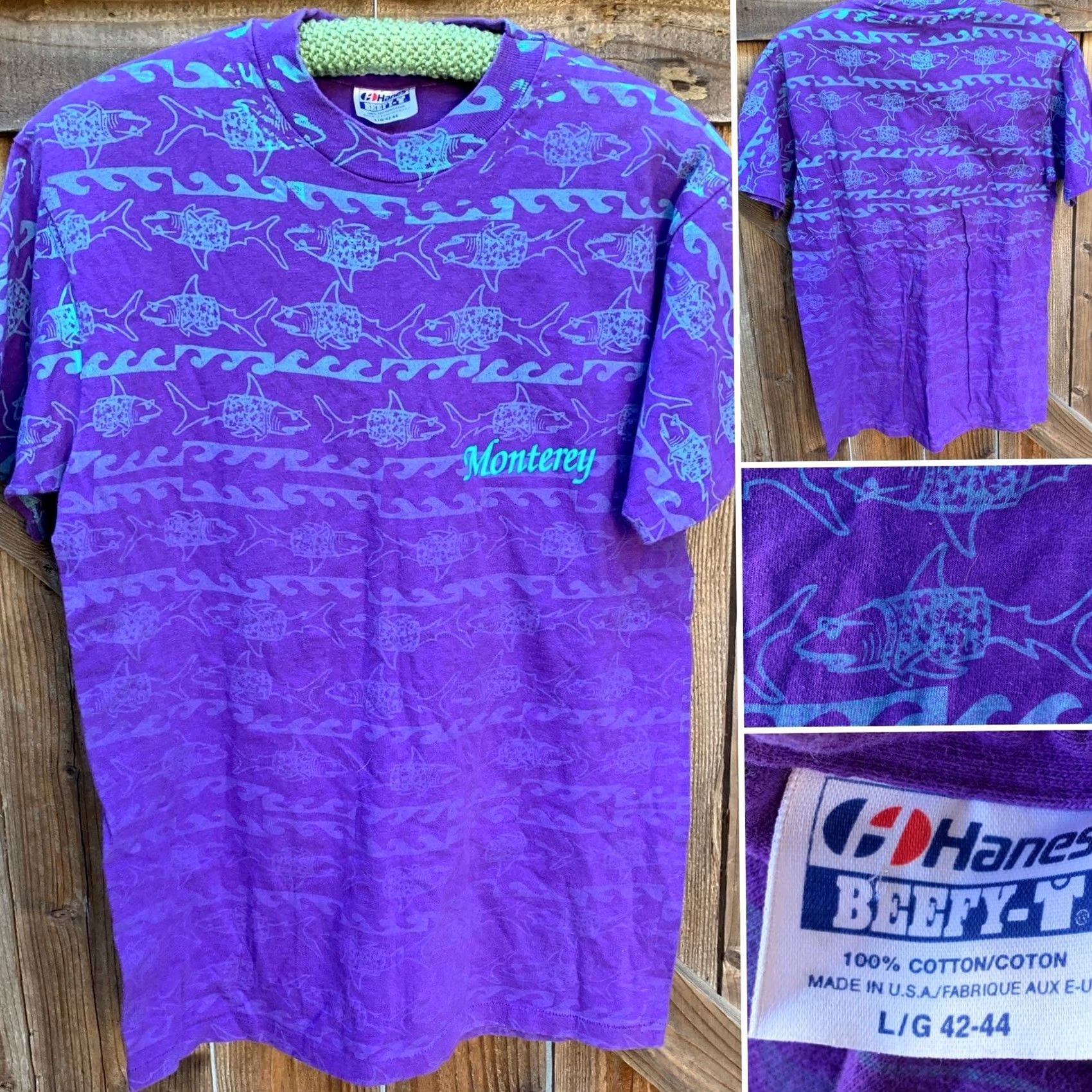 Hanes VINTAGE Monterey All Over Print Shark In Sunglasses & Shirt T-Shirt 80s 90s L Mens Purple Graphic Tee Hanes 100% Cotton Short Sleeve Sportswear/Beach Size US L / EU 52-54 / 3 - 7 Thumbnail