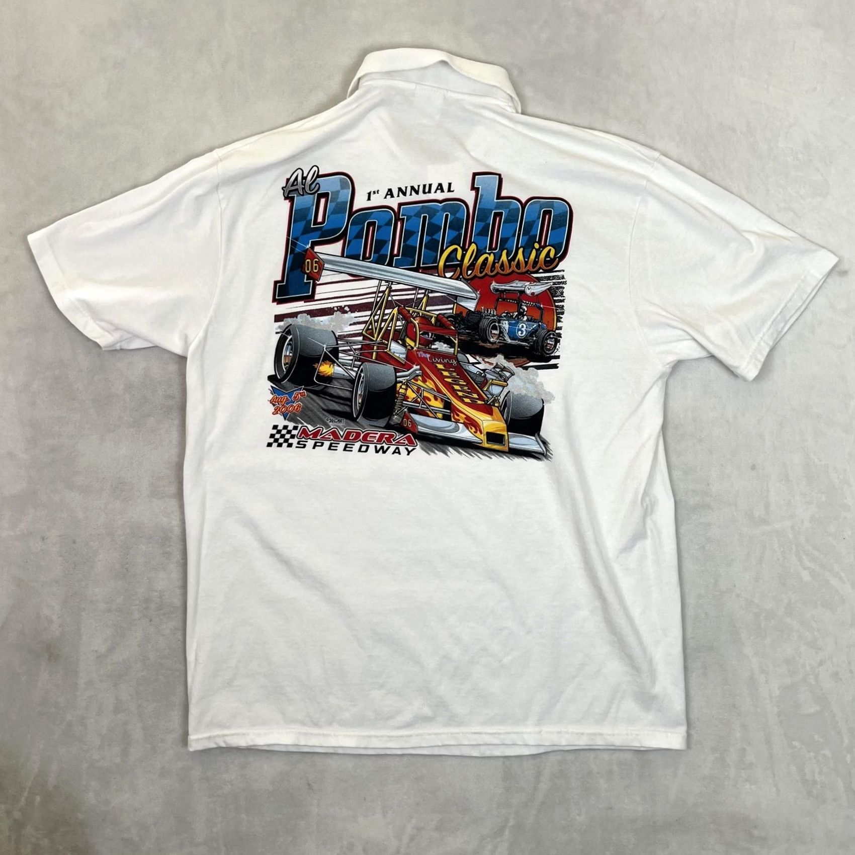 Hanes VINTAGE Hanes Pombo Racing Polo Shirt Mens Large White Collar Button Pocket Graphic Backprint 2006 Madera Speedway Size US L / EU 52-54 / 3 - 2 Thumbnail