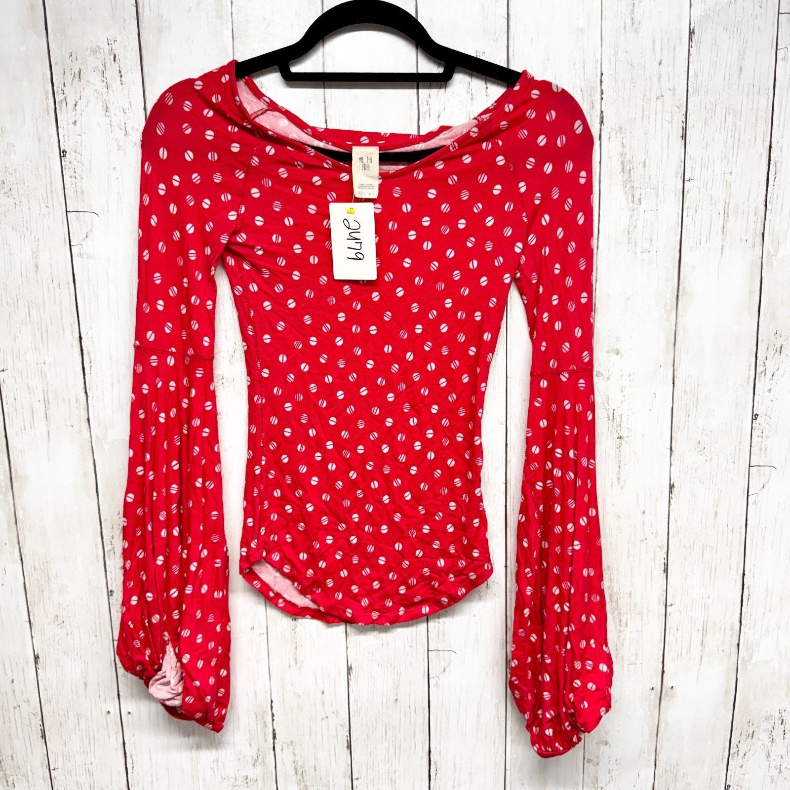 Free People We The Free XS Red Dot Boat Neck Puffed Long Sleeve Blouse Size XS / US 0-2 / IT 36-38 - 1 Thumbnail