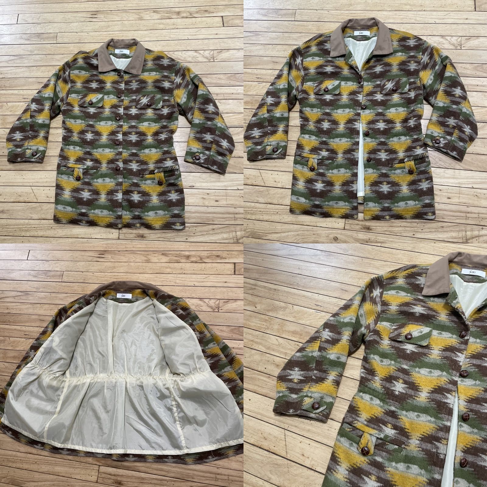 Vintage SUKI Southwestern Jacket Women M Lined Shacket Brown Buttons Green Yellow Hippie Size M / US 6-8 / IT 42-44 - 9 Thumbnail