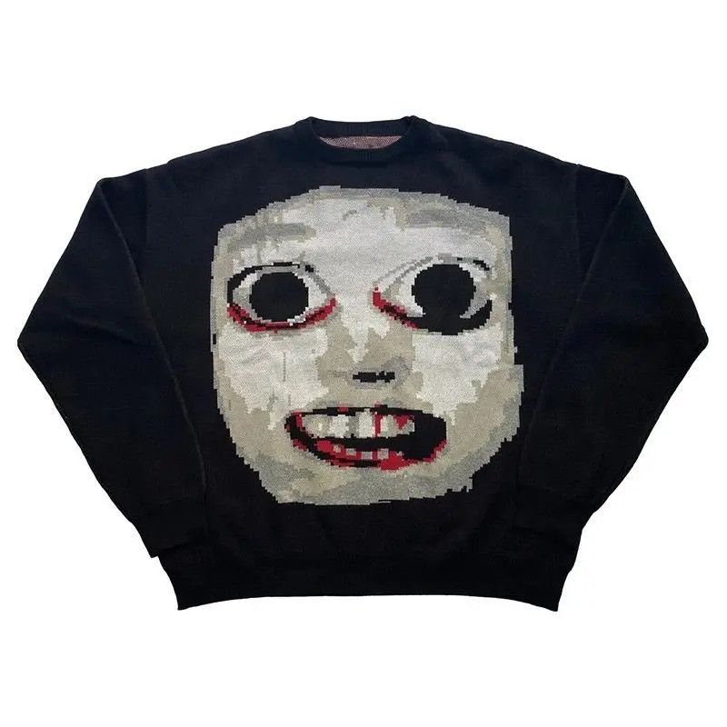 image of Vintage Streetwear Sweater Retro Demon Painting Anime Face in Black, Men's (Size Large)
