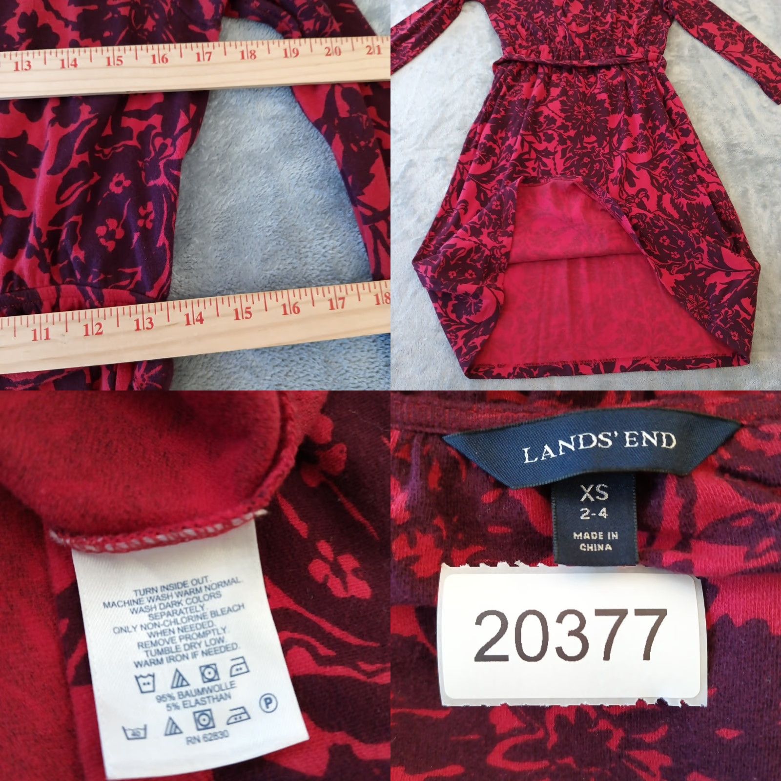 Lands' End Lands' End Fit Flare Dress XS Red Floral Long Sleeve V-Neck Pullover Dress, Knee Length, Belted, Regular, Women, Cotton Spandex, Machine Washable Size XS / US 0-2 / IT 36-38 - 8 Thumbnail