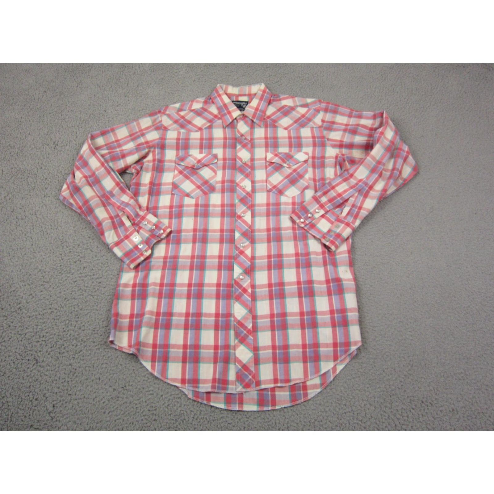 Wrangler Vintage Wrangler Shirt Mens 17 Pink Plaid 80s USA Made Button-Up Cotton Canvas Long Sleeve Western Casual Size US XL / EU 56 / 4 - 2 Thumbnail