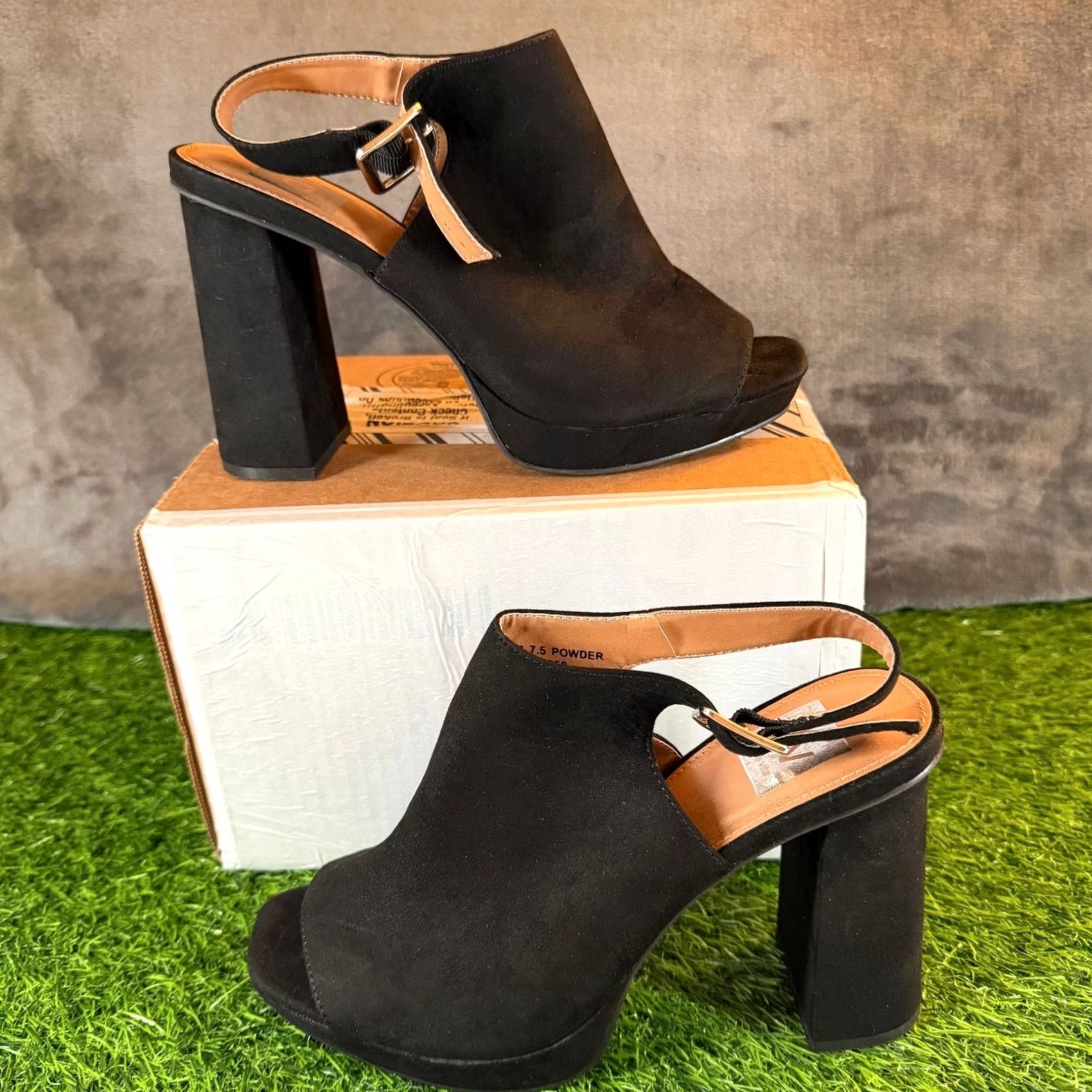 Vintage DV by Dolce Vita Powder Black Faux Suede Platform Slingback Sandals Womens 7.5 Block Heel 4.5" Buckle Wide Strap Women Party/Cocktail Shoes Size US 8 / IT 38 - 2 Thumbnail
