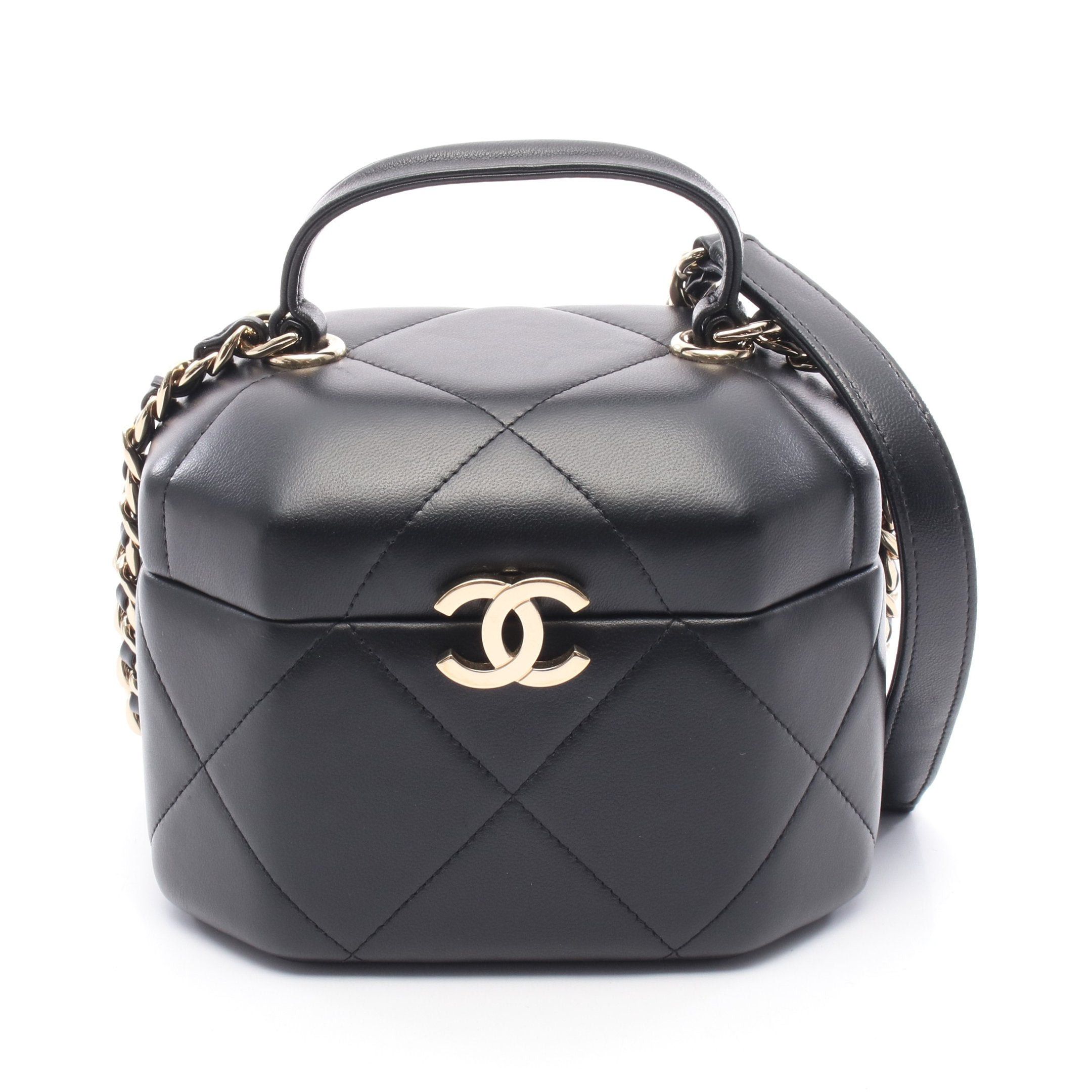 Chanel Matelasse Small Vanity Chain Shoulder Bag Leather Black Gold Hardware