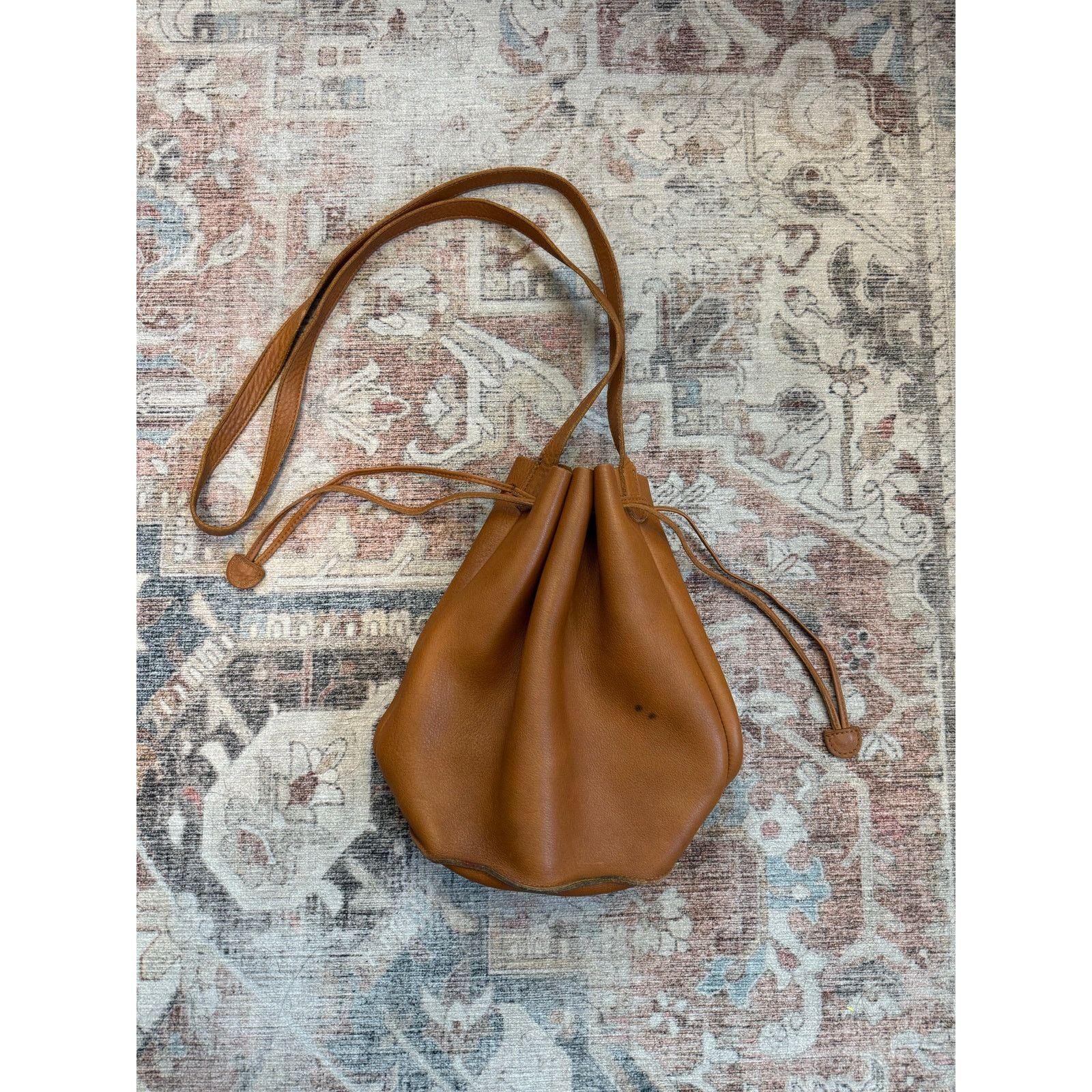 Baggu Baggo Natural Milled Leather Drawstring Bucket Bag Tan Brown ...