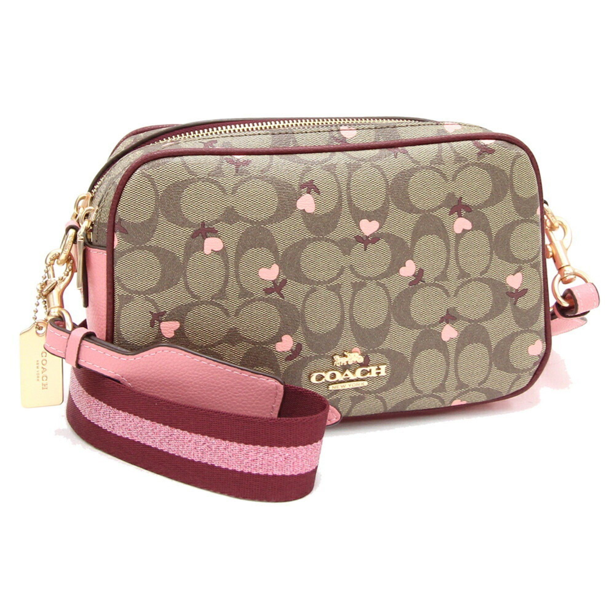 image of Coach Shoulder Bag Signature C3239 Beige Bordeaux Pink Pvc Leather Heart Women's Coach