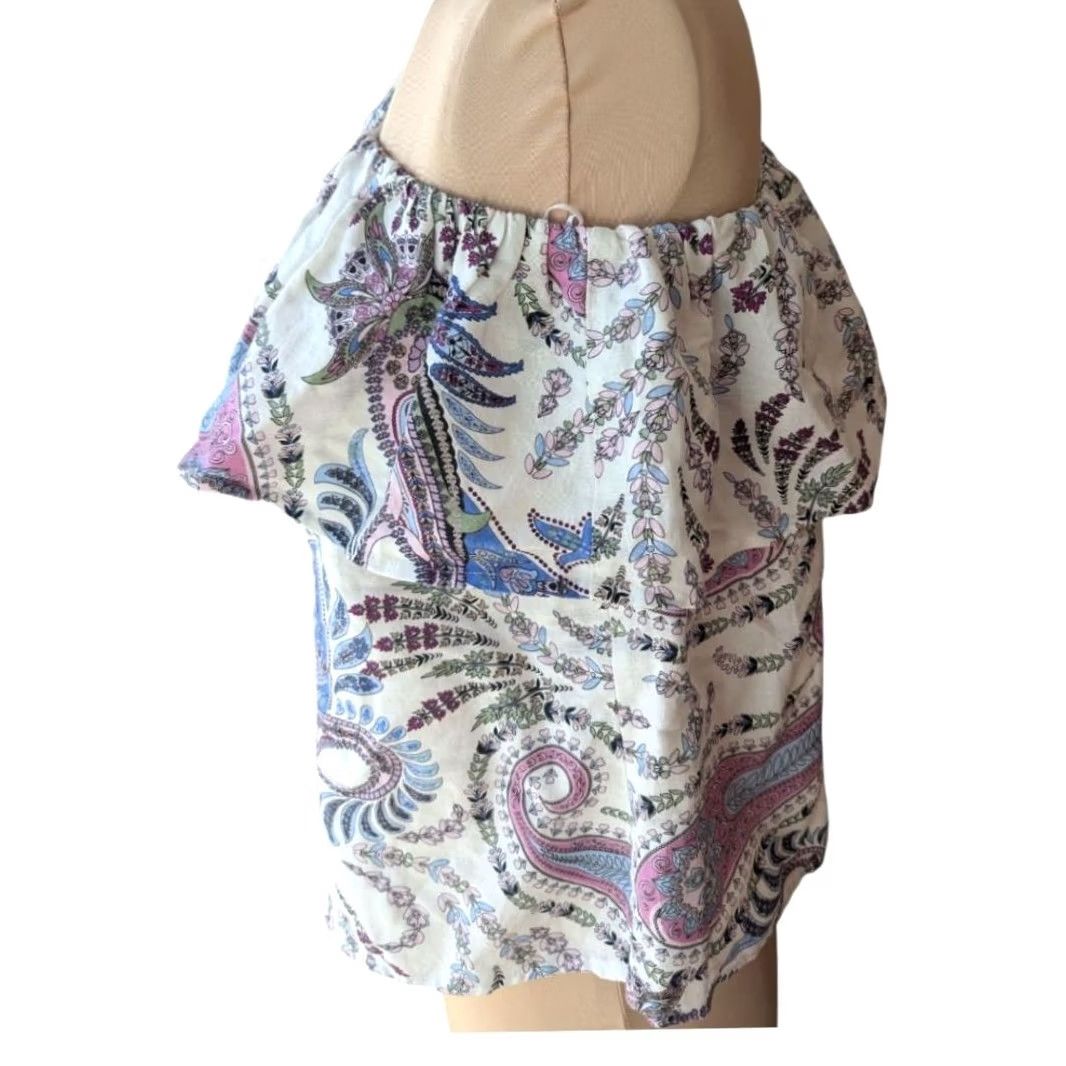 Loft LOFT One Shoulder Linen Blend Paisley Blouse White Blue Pink Womens S Ruffle Sleeveless Casual Bohemian Women’s Shirt Size S / US 4 / IT 40 - 4 Thumbnail