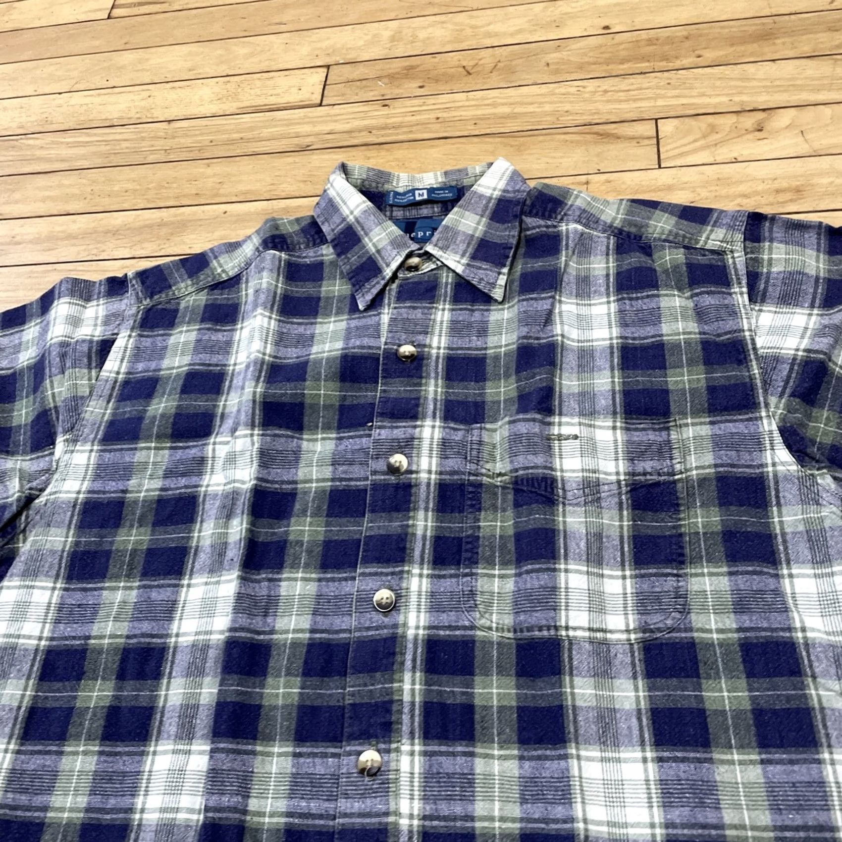 Vintage BLUEPRINT Shirt Men M Button-Up 44" Plaid Linen Cotton Vintage Blue Green Retro Short Sleeve Vintage Mens Size US M / EU 48-50 / 2 - 2 Thumbnail