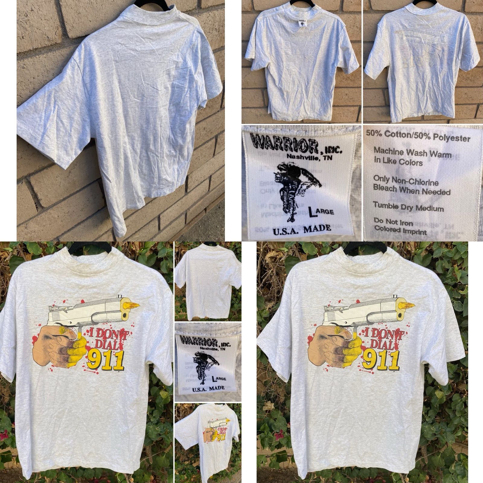 Vintage VINTAGE I Dont Dial 911 T Shirt Hand Gun Graphic Tee Warrior Inc Nashville Sz L Mens Gray Cotton Blend 1990s Graphic Print Short Sleeve Size US L / EU 52-54 / 3 - 9 Thumbnail