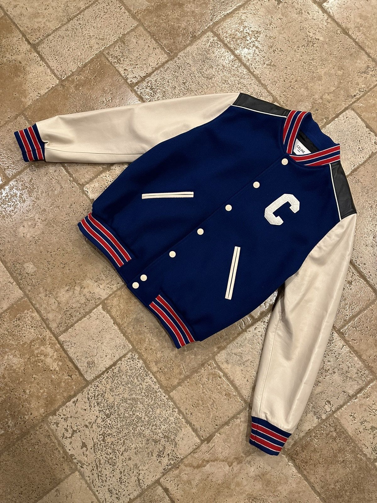 Celine × Hedi Slimane Celine x Hedi C Logo Leather Sleeve Blue Woold Teddy Jacket Size US L / EU 52-54 / 3 - 3 Thumbnail