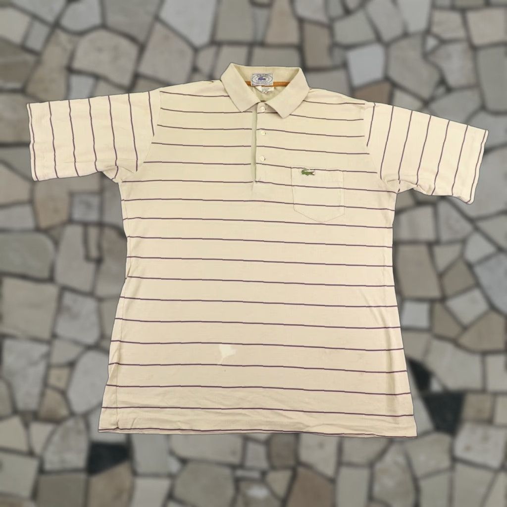 Lacoste VINTAGE Lacoste Polo Shirt Mens Large Beige Striped 70s Crocodile Logo Preppy Size US L / EU 52-54 / 3 - 1 Thumbnail