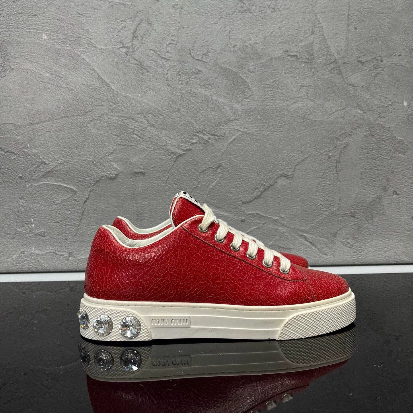 Miu Miu MIUMIU Red Cracked Leather Crystal Sneakers EUR 36 Size US 5 / IT 35 - 3 Thumbnail
