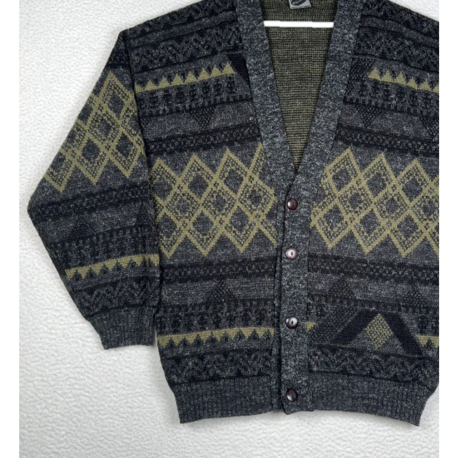 Vintage VINTAGE D'Laurent's Cardigan Sweater Men L Acrylic Pattern Grandpa Gray Green - Mens - Sweater - Cardigan - Large - Gray - Acrylic - Vintage - 90s Size US L / EU 52-54 / 3 - 3 Thumbnail