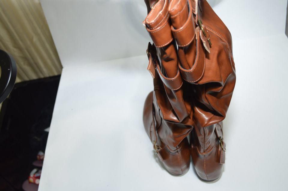 Designer Brown Faux Leather Mid-Calf Boots with Buckle Accents, 8 Size US 8 / IT 38 - 7 Thumbnail