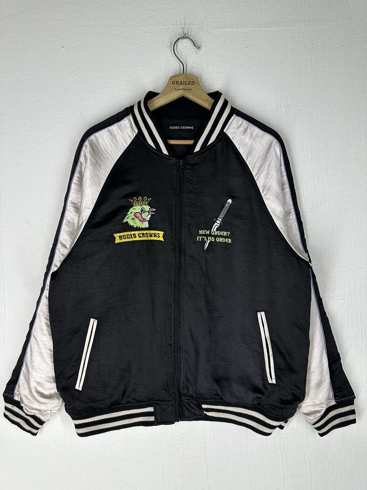 image of Sukajan Souvenir Jacket Rodeo Crowns Embroidery Sukajan Japanese Jacket in Black/White (Size Medium