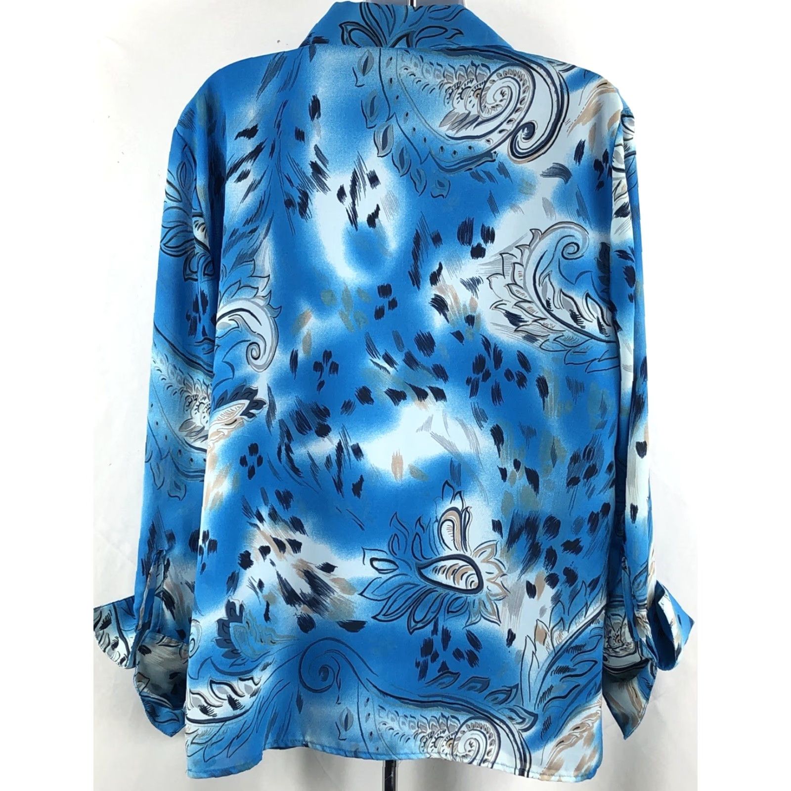 Vintage VINTAGE ML Studio Button-Up Blue Geometric 18W Long Sleeve Chiffon Mock French Cuff Boho Retro 70s Women Size XXL / US 16-18 / IT 52-54 - 3 Thumbnail