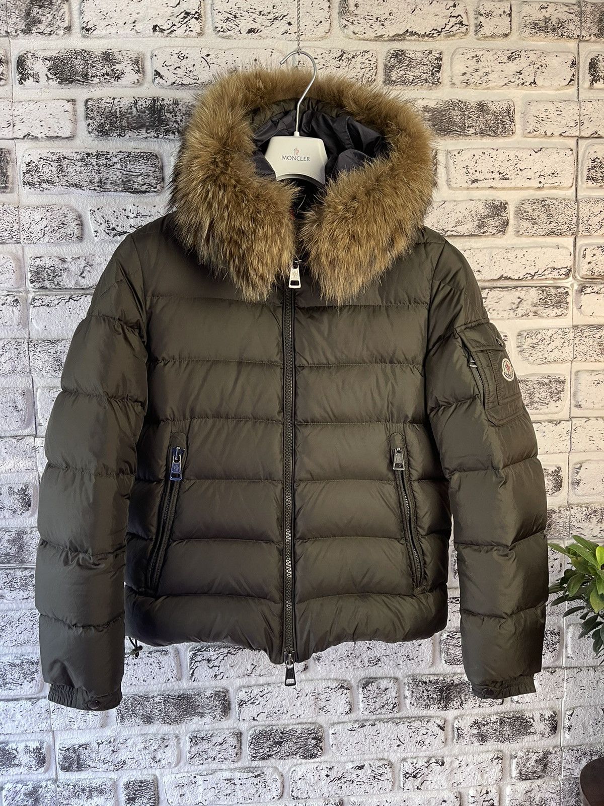 image of Moncler Byron Fur Jacket Size 2 Medium in Khaki, Men's